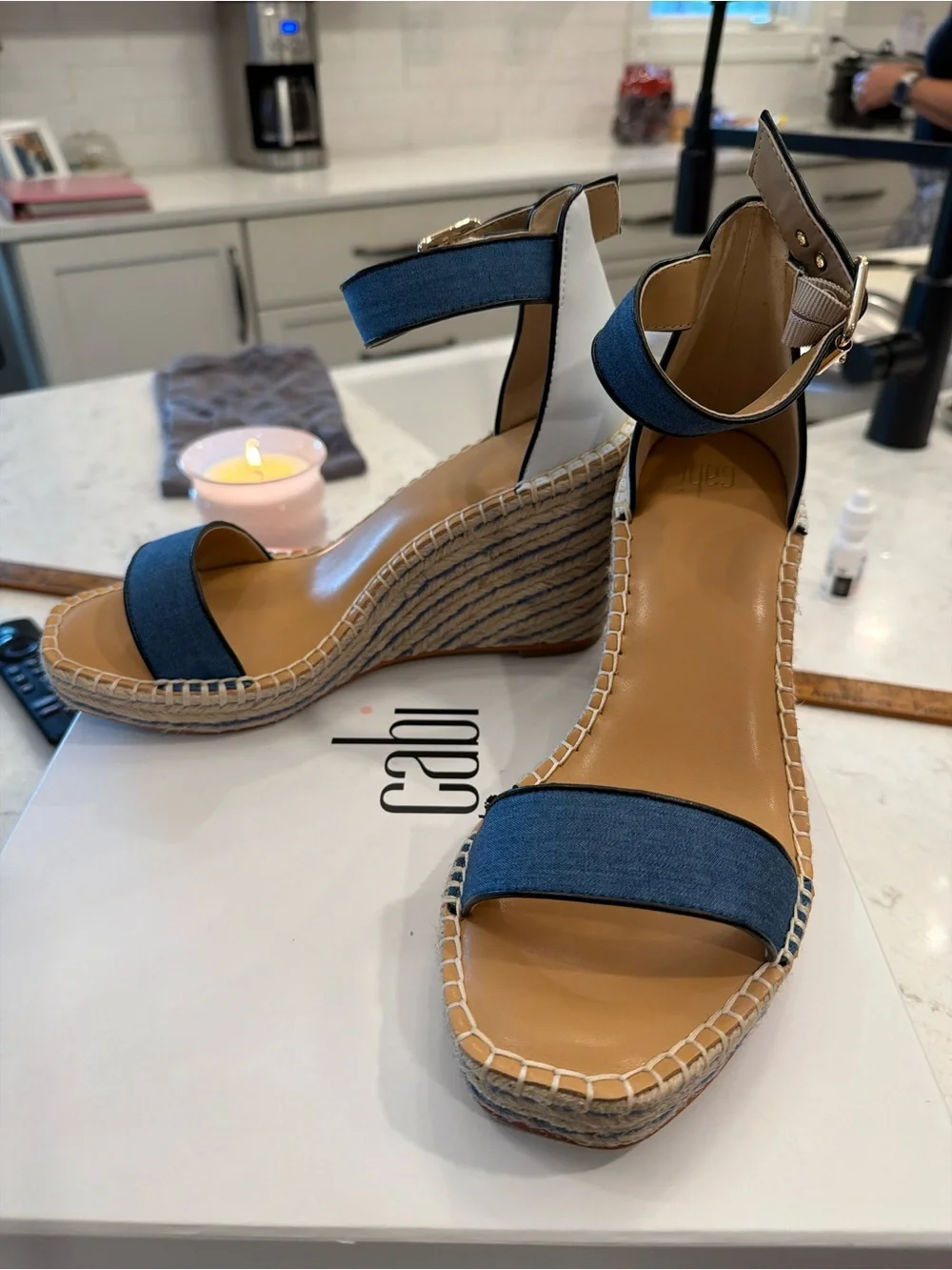 Cabi Blue Denim Espadrille Wedge Sandals with Ankle Strap